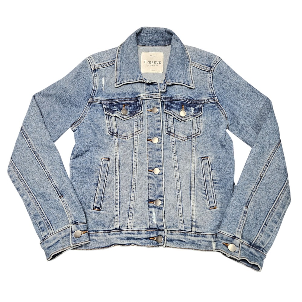 Evereve Ever Jacket Denim Trucker Sz XS Medium Wash Stretch‎ Everyday Distressed